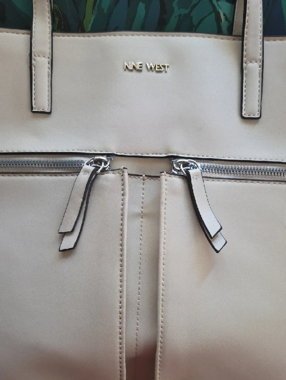 Nine West Beige Leatherette Tote with Front Zip Detail